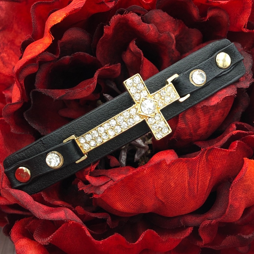 🌼 Rhinestone Cross PU Leather Hair Barrette
